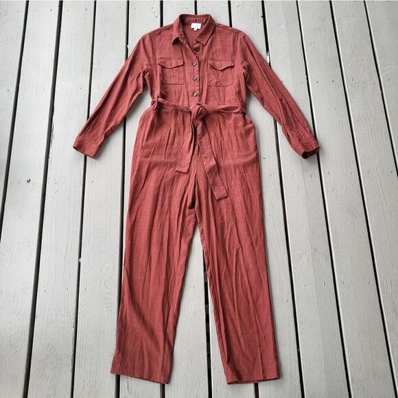 Six Crisp Days Rust 3/4 Sleeve Button Down Belted Linen Blend Doma Jumpsuit Sz M - Picture 2 of 10